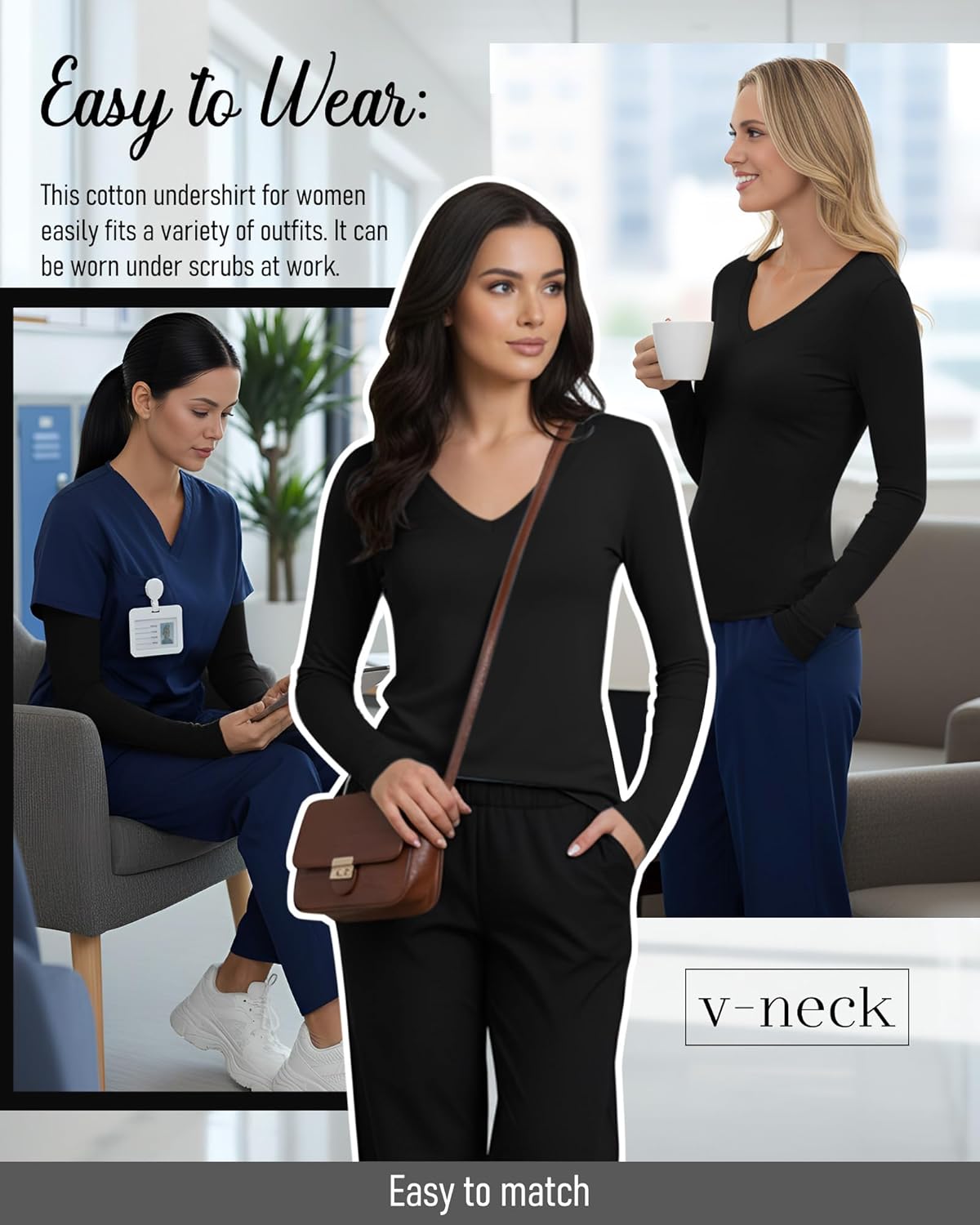 5 Pack Women's Long Sleeve Under Scrubs V Neck Fitted Undershirts Basic Layering Tops for Nurse - Image 6