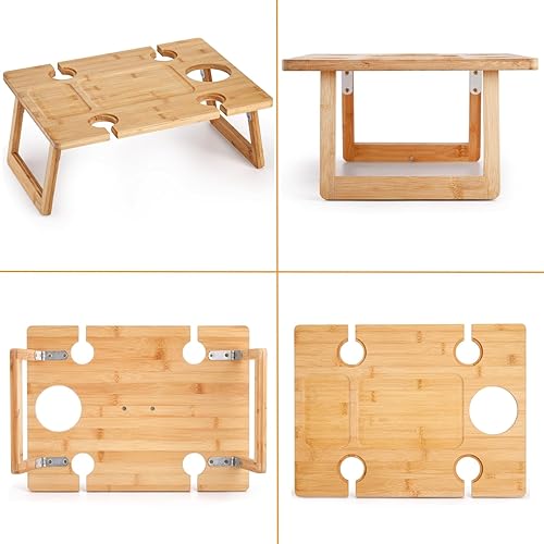 Miniatura 8 de Peohud Mesa Portátil de Picnic para Vino, Mesa Plegable de Picnic para Champán y Aperitivos, Mesa de Picnic Exterior de Madera con Soporte para