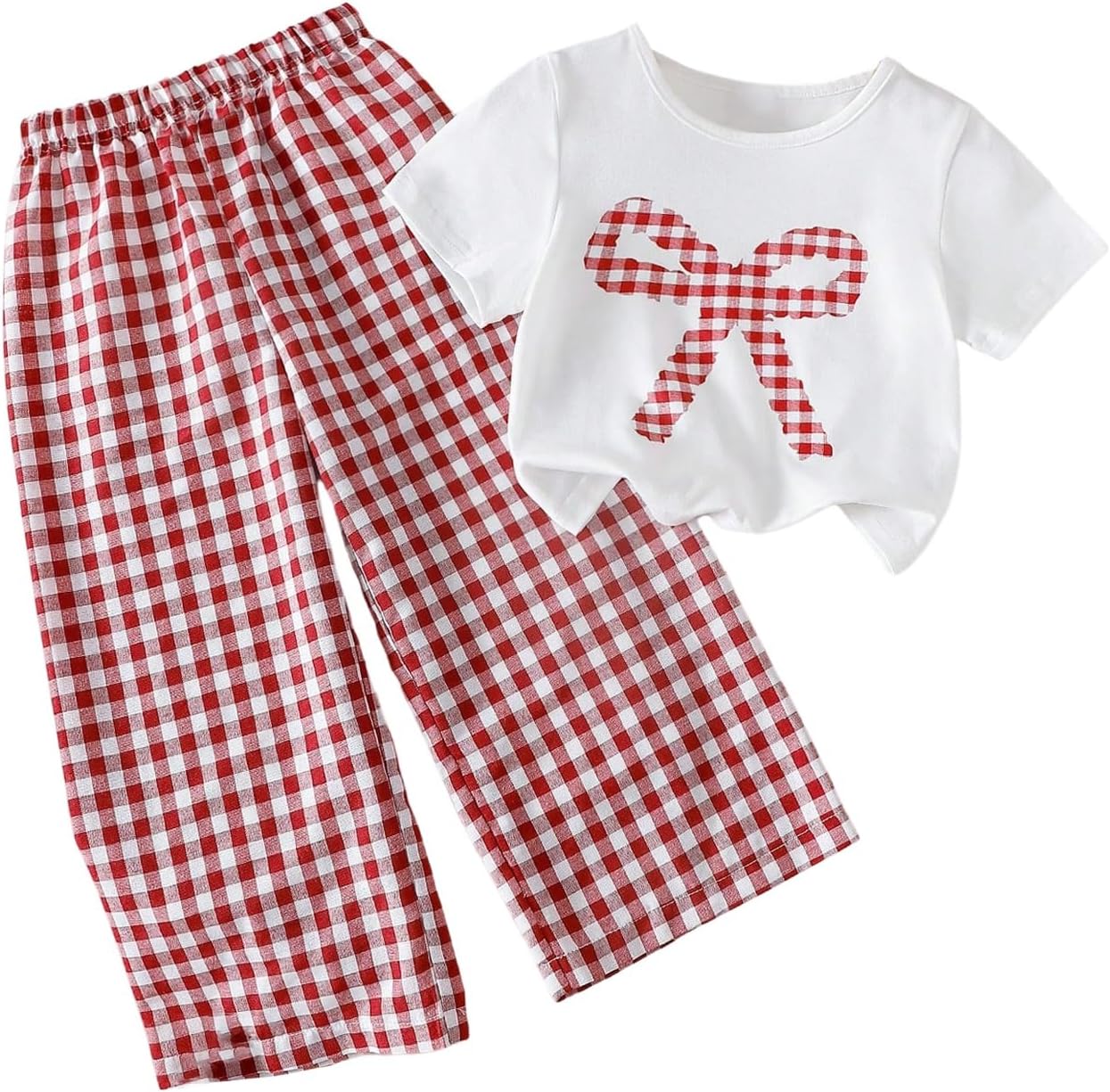 SHENHE Girl's Cute 2 Piece Outfits Cute Bow Graphic Short Sleeve Tee Shirt Gingham Pants Set Summer Clothes