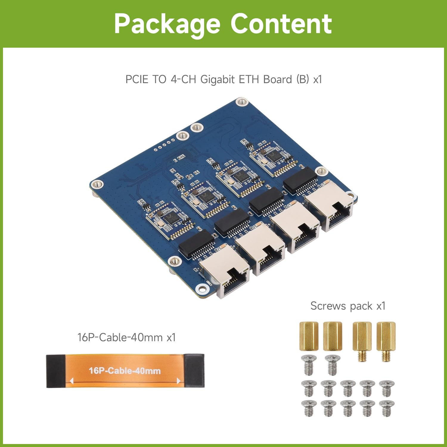 Waveshare PCIe to 4-Ch Gigabit ETH Board (B) Compatible with Raspberry Pi 5/RPi OS, Driver-Free, Plug and Play