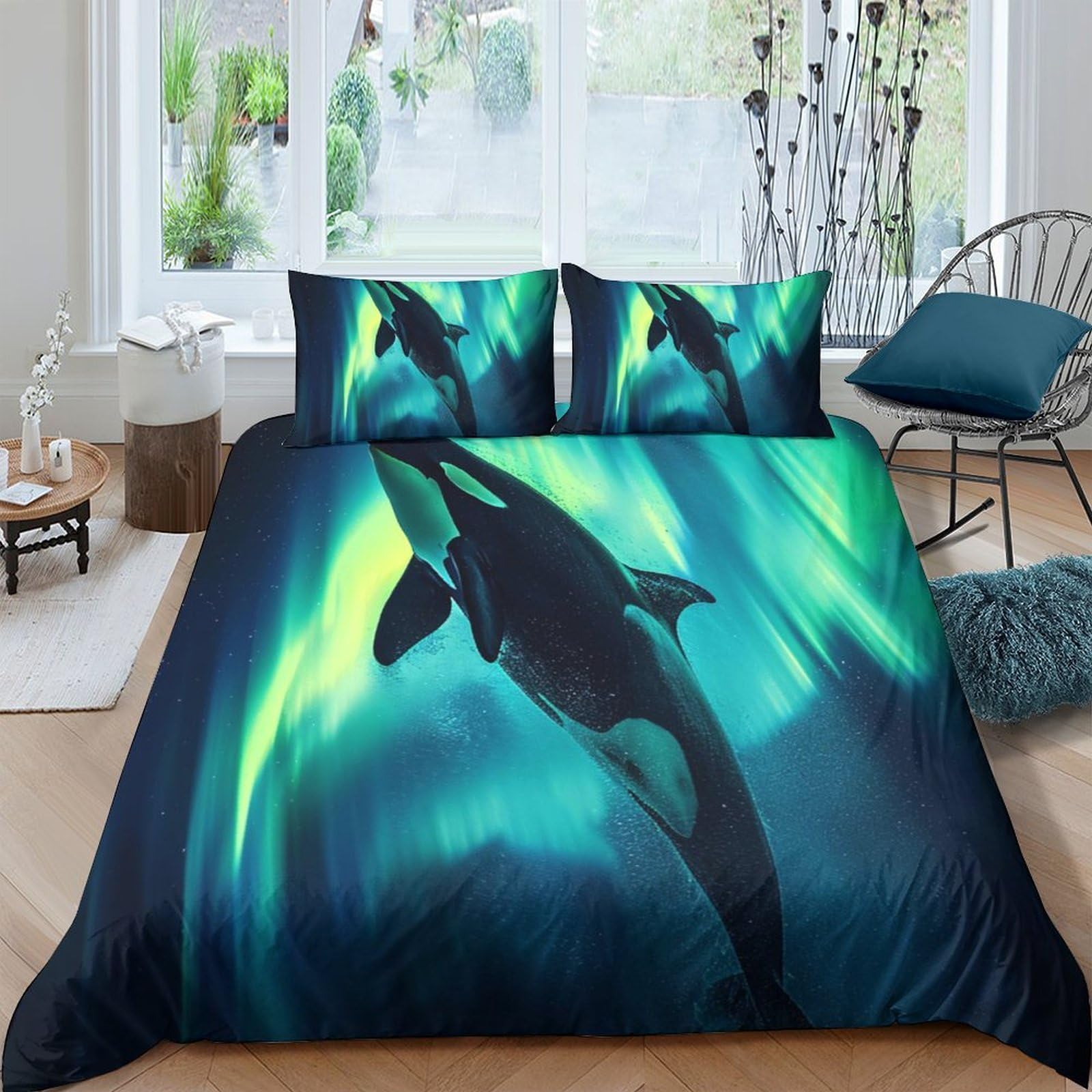 Ctjqhvkz Style-5 3D Printed Northern Lights Fitted Sheet Microfiber Black Whale Mattress Cover For Bedroom Dorm Decor Easy Care Single（135X200cm）