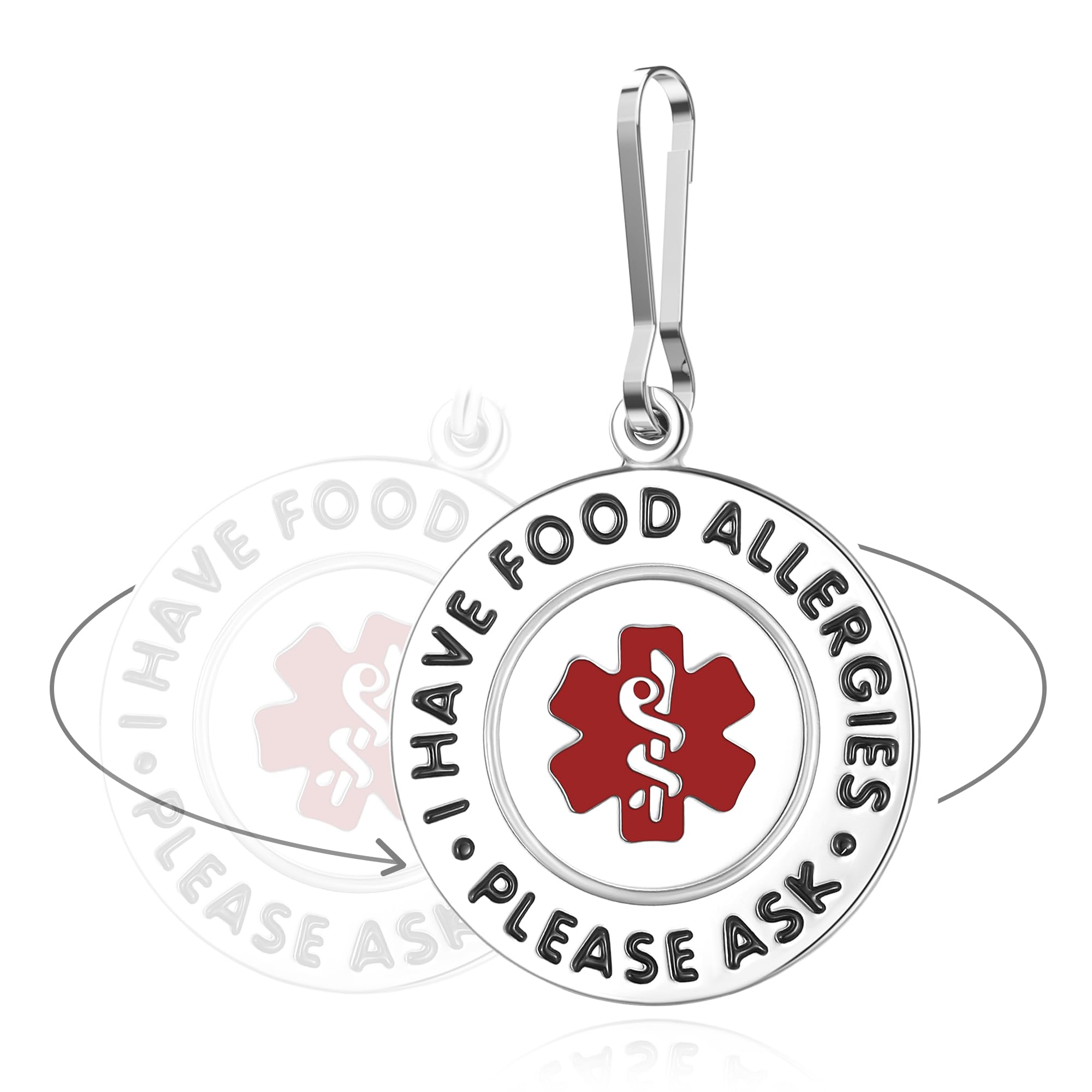 Divoti Medical Alert Food Allergy Bag Tag, Polished Stainless Steel Charm with Single Side Bold Text - Durable, Rust-Proof & Waterproof, Zipper Pull