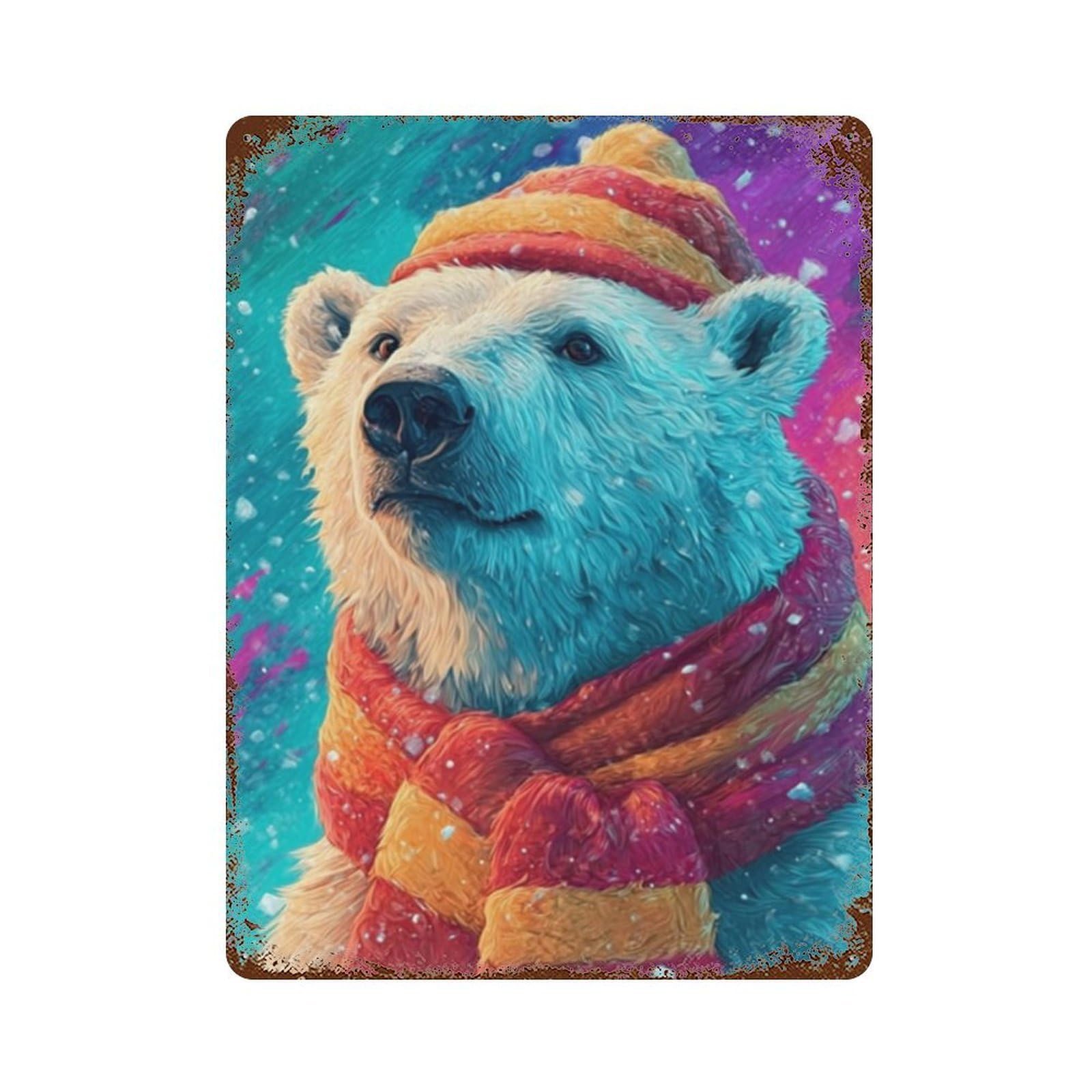 Rusty Metal Tin Sign with Winter Wonderland Polar Bear Design 15.7"x11.8", for Farmhouse, Kitchen And Entryway Decor, Classic Wall Plaque