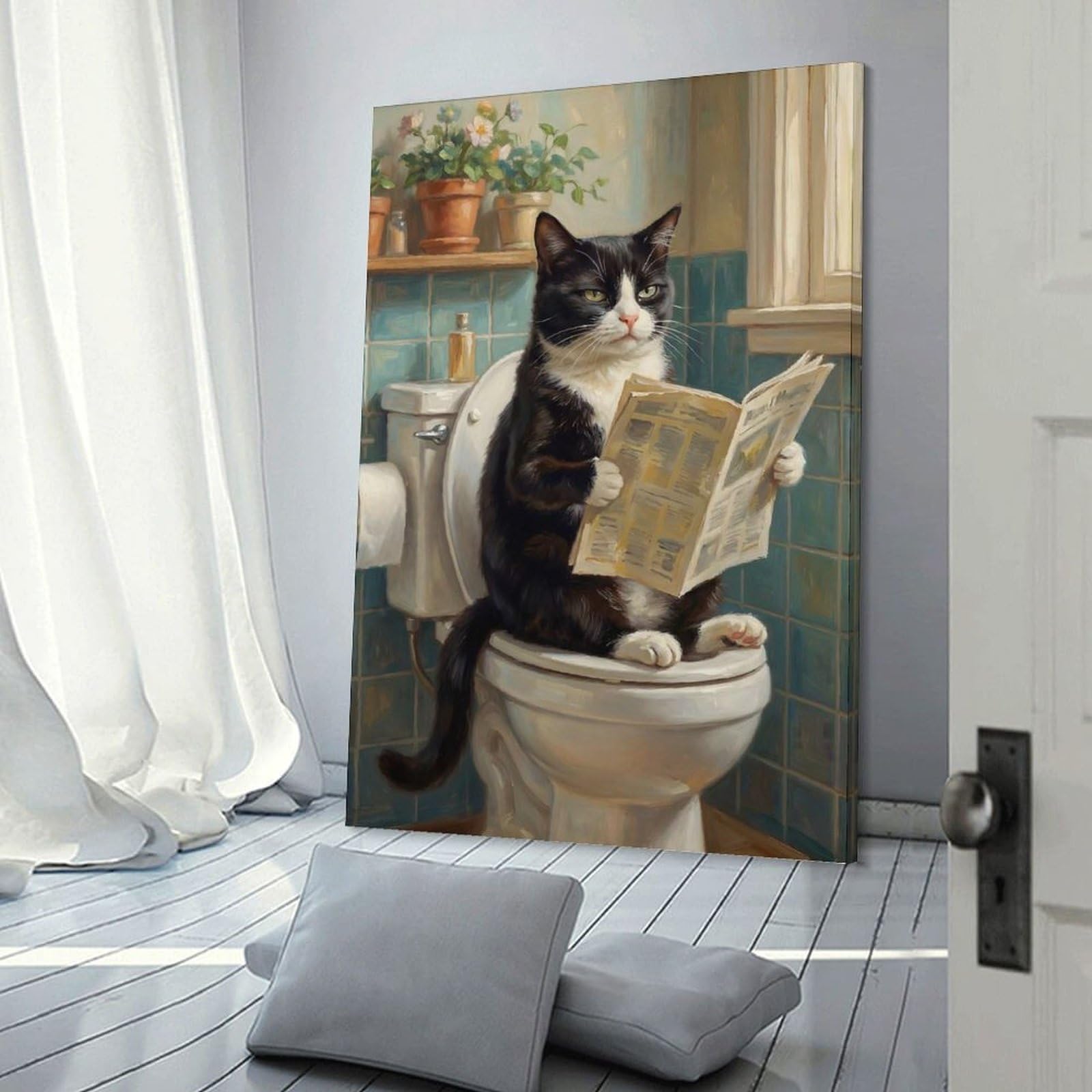 Junmoney Frame-Style-19 Tuxedo Cat Funny Toilet Bathroom Home Decor Wall Art 08X12inch(20X30cm), For Lounge, Study, Hallway Or Flat Walls, Stylish Home Artwork For Focal Walls