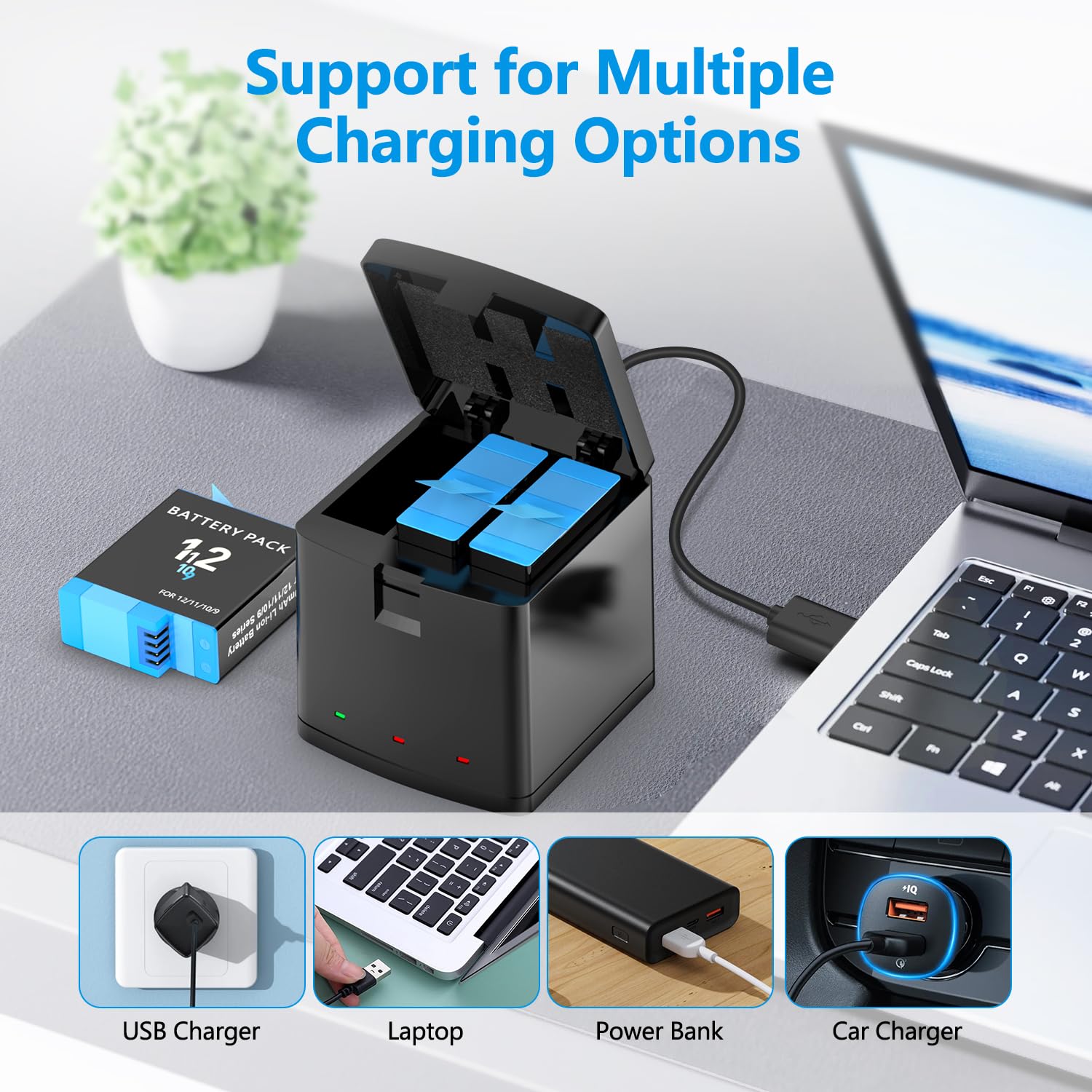 melasta per GoPro Hero 12/11/10/9 Series Batteria Fotocamera, Tre batterie ricaricabili da 1800 mAh, caricatore e custodia di ricarica (3 Batteria + 1 Caricatore)