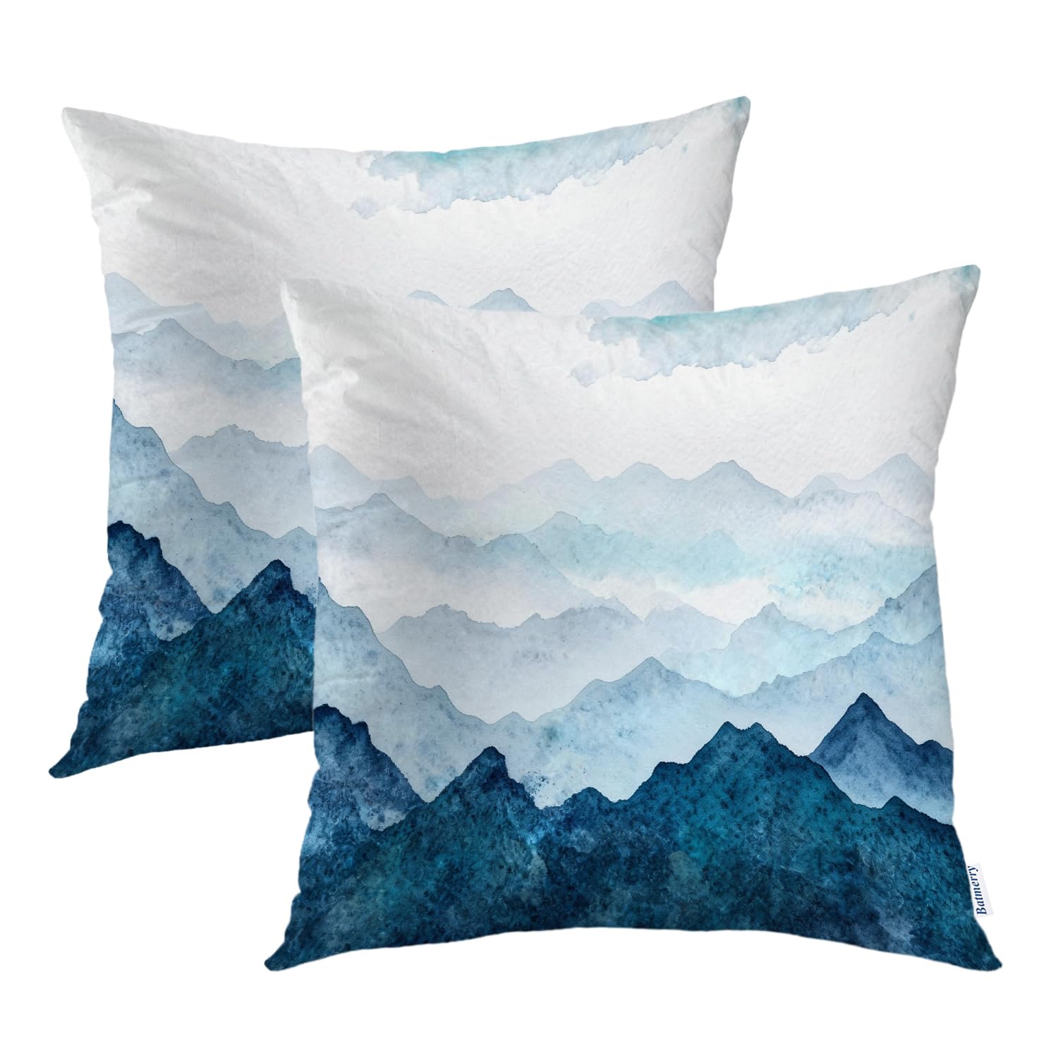 Batmerry Navy Blue Watercolor Mountains Throw Pillow Covers, Sky Decorative Pillow Covers Digital Printing Blended Fabric for Couch Sofa Bed Invisible