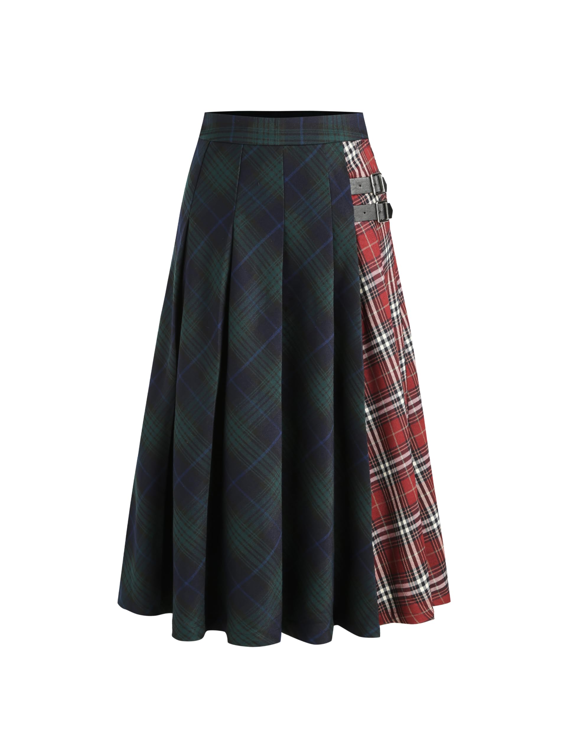 CIDER Plaid Skirt for Women Mid Waist Patched Check Buckle Maxi Skirt Womens Skirts Long Skirts for Women