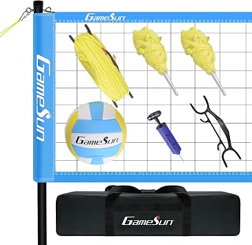 Portable Volleyball Net Set System-Portable Volleyball Set for Backyard with Professional Volleyball Net, Wrap Yarn Volleyball and Pump, Boundary Line, Carry Bag
