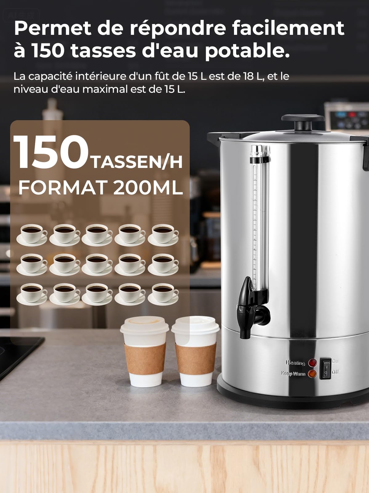 FOHERE Percolateur à Café 15L 150 Tasses/H Distributeur de Boissons Chaudes, Récipient Chauffant 1500 W en Acier Inoxydable, Fonction de Brassage Et de Maintien au Chaud mit Robinet de Sécurité
