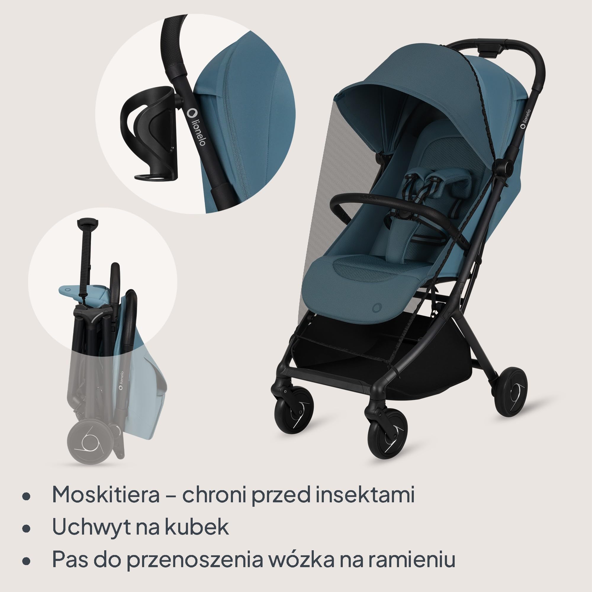Lionelo Sia wózek podróżny ultralekki i ultra kompaktowy, składany, 5,9 kg, do 22 kg, od 6 miesięcy do 4 lat, pozycja leżąca, zawieszenie, osłona UPF50+, moskitiera, kosz na zakupy 3 kg, uchwyt na