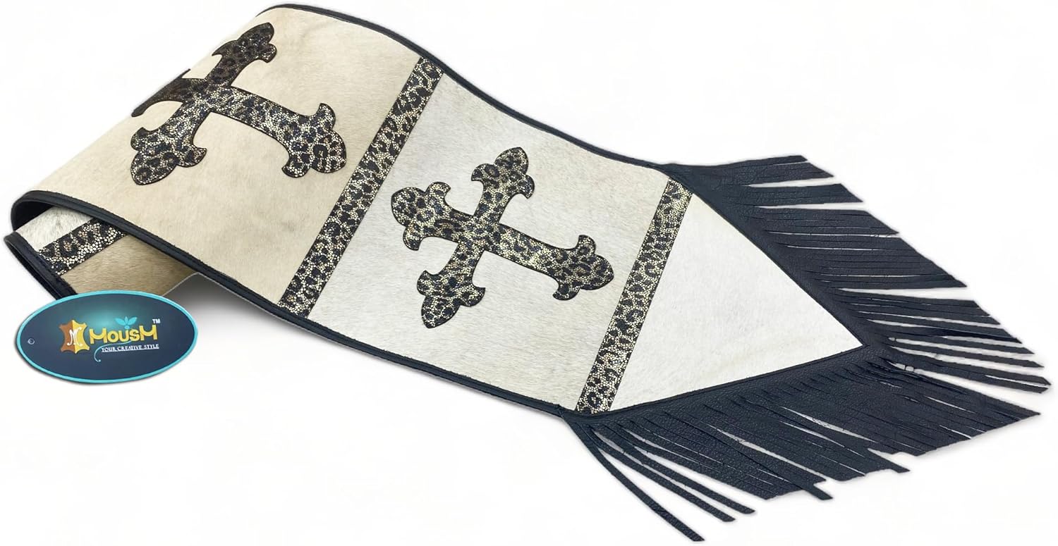 Cow Hide Leather Table Runner 12 x 72 Inches - Cream Cowhide with Crucifix Leopard Design Patch and Black Leather Fringe