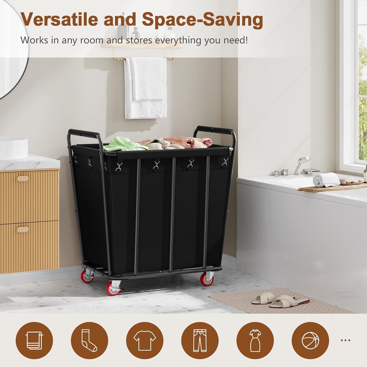 Hoctieon Large Laundry Cart with Wheels, 400L Heavy Duty Laundry Basket Organizer, Rolling Hamper Sorter for Clothes Storage, Industrial Dirty Clothes Hamper for Home & Hotel, Black