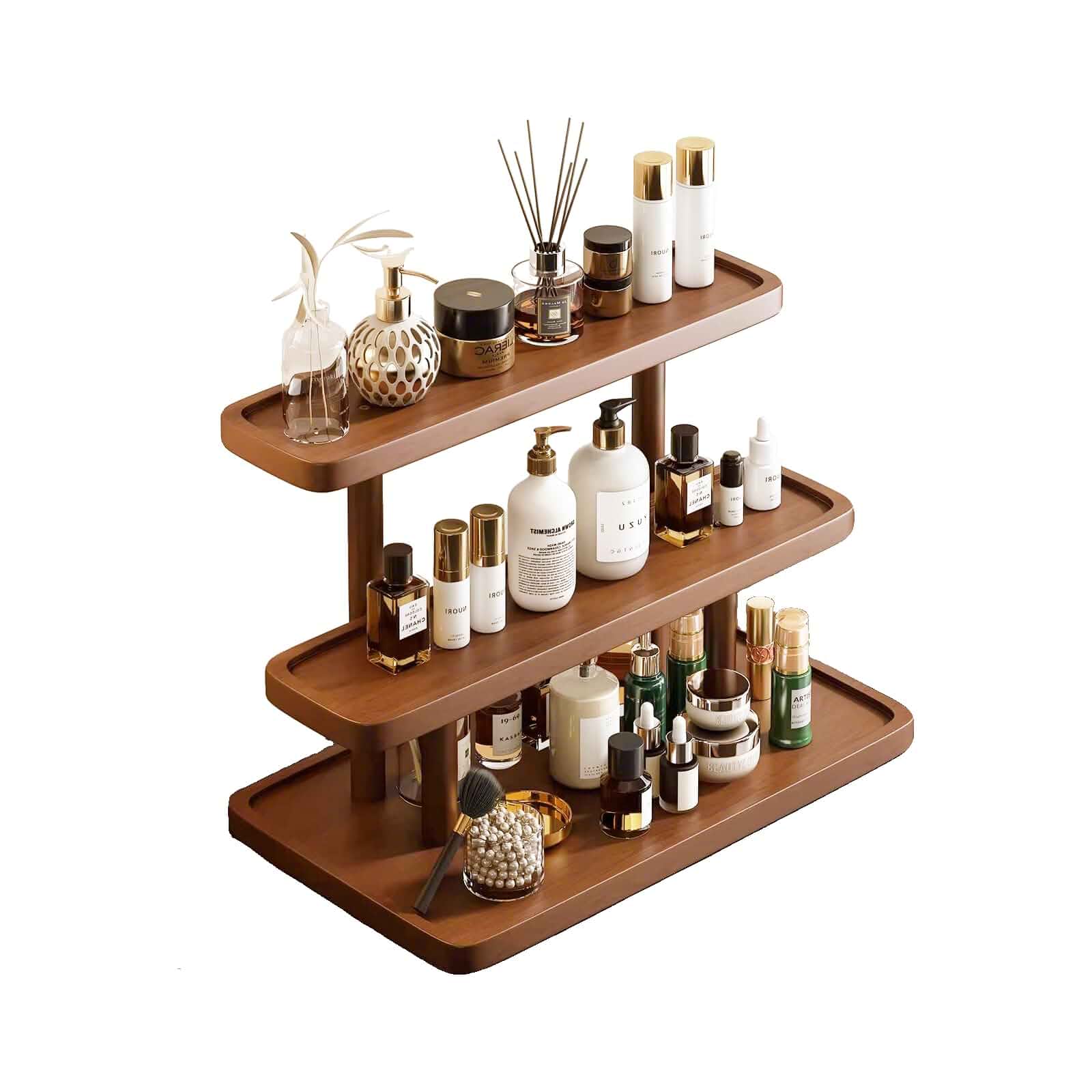 GDQ Brown Pine Wood Perfume Organizer, Perfume Cabinet Vanity Storage Stand Open‑Design Multi‑Tier Wooden Storage Rack,Holds Cosmetics, Plants, Tea Set, Fits Bathroom, Bedroom, Living‑Room and Entryway