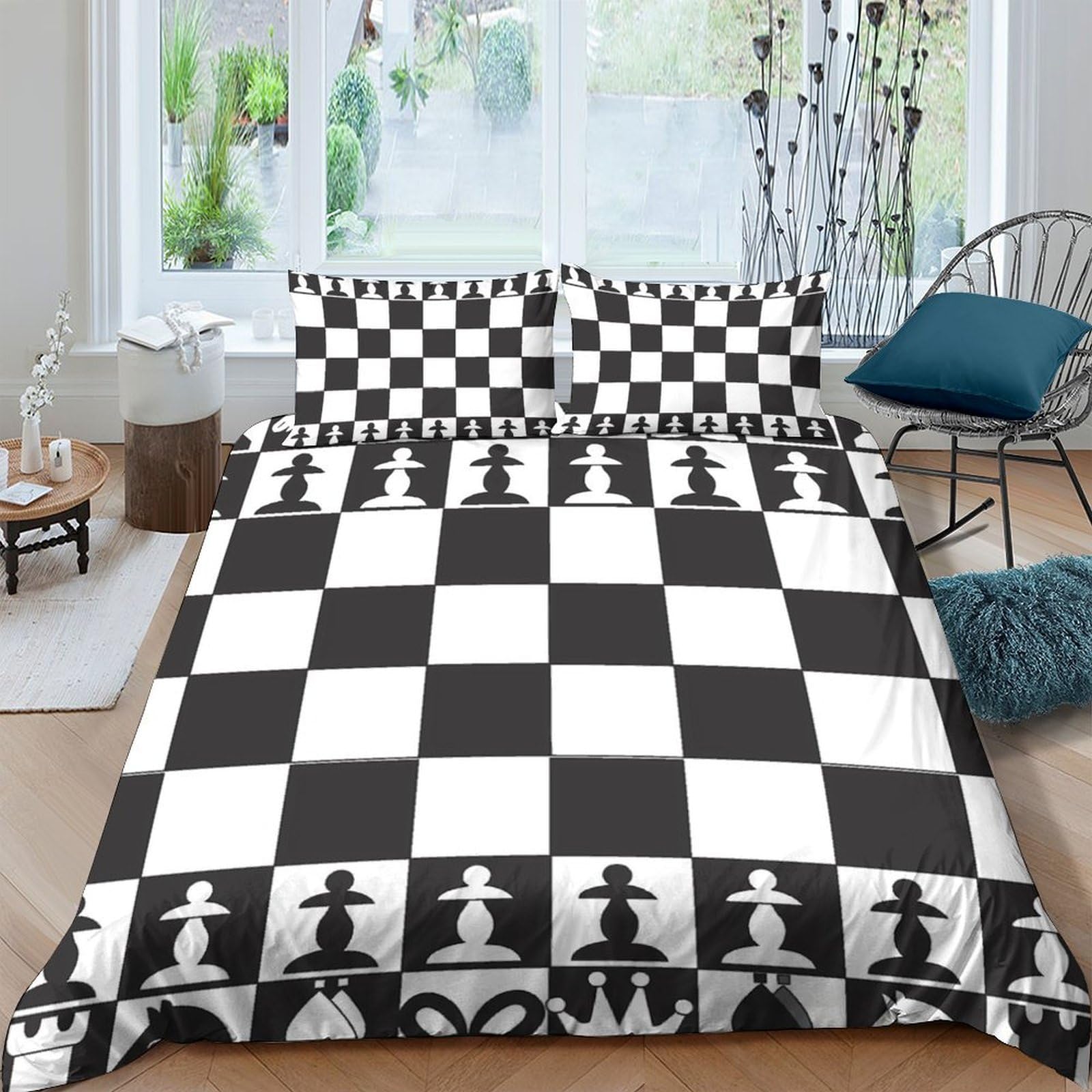 Ctjqhvkz Style-3 3D Printed Chessboard Classic Fitted Sheet Microfiber Soft Black And White Chess Piece Mattress Cover For Bedroom Guest Room Decor Single（135X200cm）