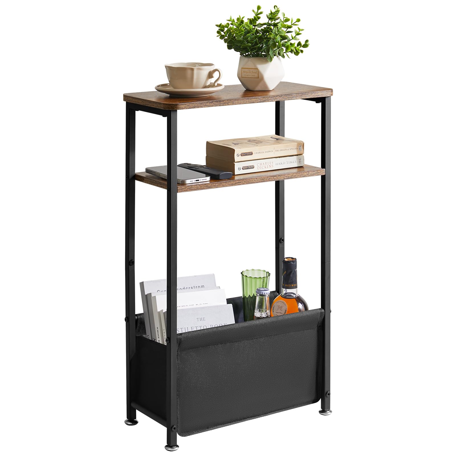 Aibiju Narrow Side Table with Storage, 3 Tier Slim End Table for Small Spaces, 40x20x66cm Narrow Bedside Table, Small Nightstand with Fabric Basket for Bedroom, Living Room, Rustic Brown YD-ST002H