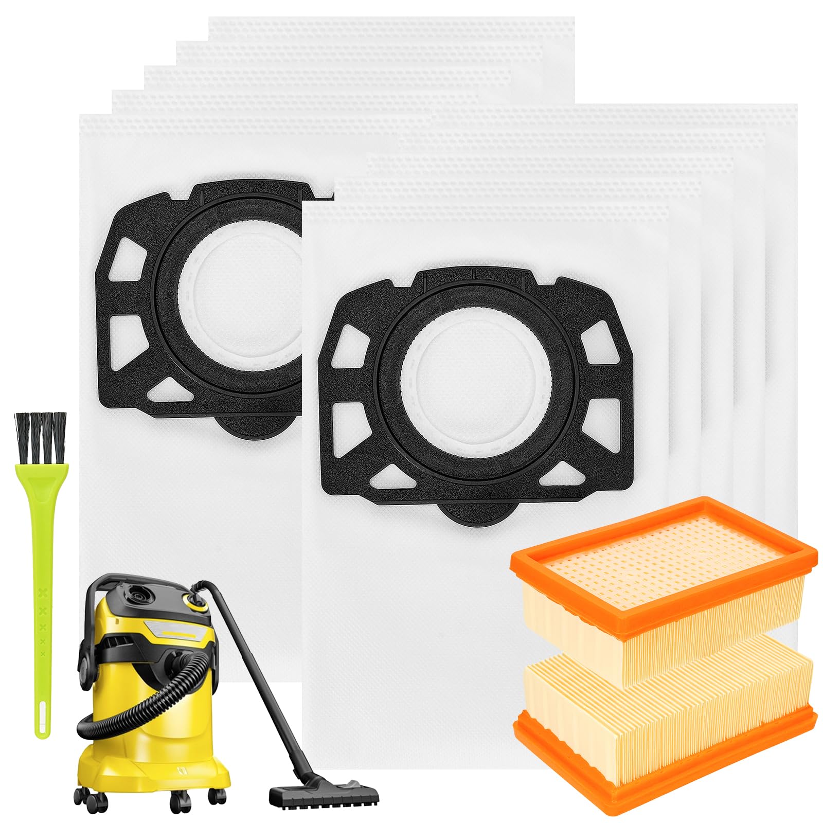 Vacuum Bags for Karcher with Filters, Hoover Bags for Karcher MV4 MV5 MV6 WD4 WD5 WD6 Wet and Dry Vacuum Cleaner Flat Pleated Filter Compatible(10 WD4 Dust Bag+2 Filter + Brush)