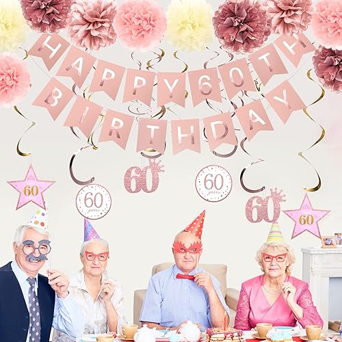 Miniatura 3 de Decoración de fiesta de cumpleaños de 60 cumpleaños, oro rosa con purpurina, pancarta de feliz 60 cumpleaños, pompones, kit de espirales colgantes
