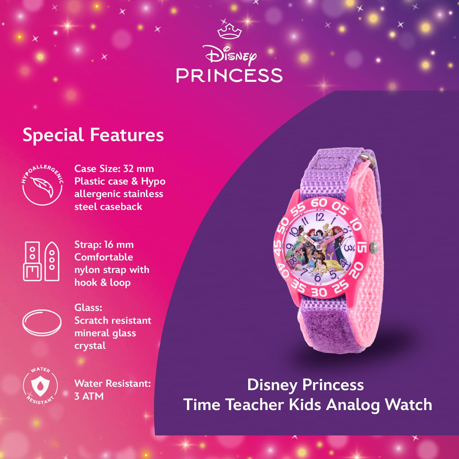 Disney Orologio da principessa per ragazze, orologio da principessa per bambini con lunetta bianca e cinturino in nylon reversibile, perfetto per ragazze dai 4 ai 7 anni, orologi per bambini, orologio