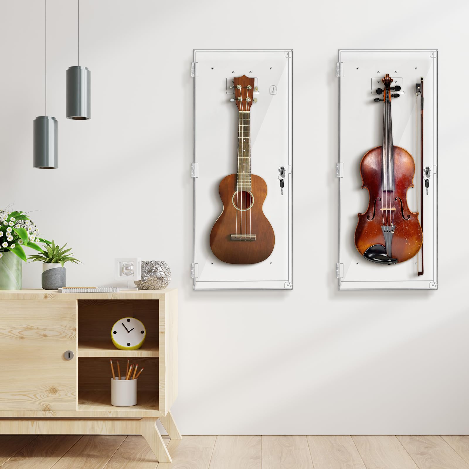 Silipull Geige Acryl Vitrine mit Schloss Schlüssel Magnetische Tür Ukulele Fiddle Vitrine Shadow Box mit Aufhänger 29,5 x 12 x 4,75 Zoll Violinenkoffer für Musiker Sammlung