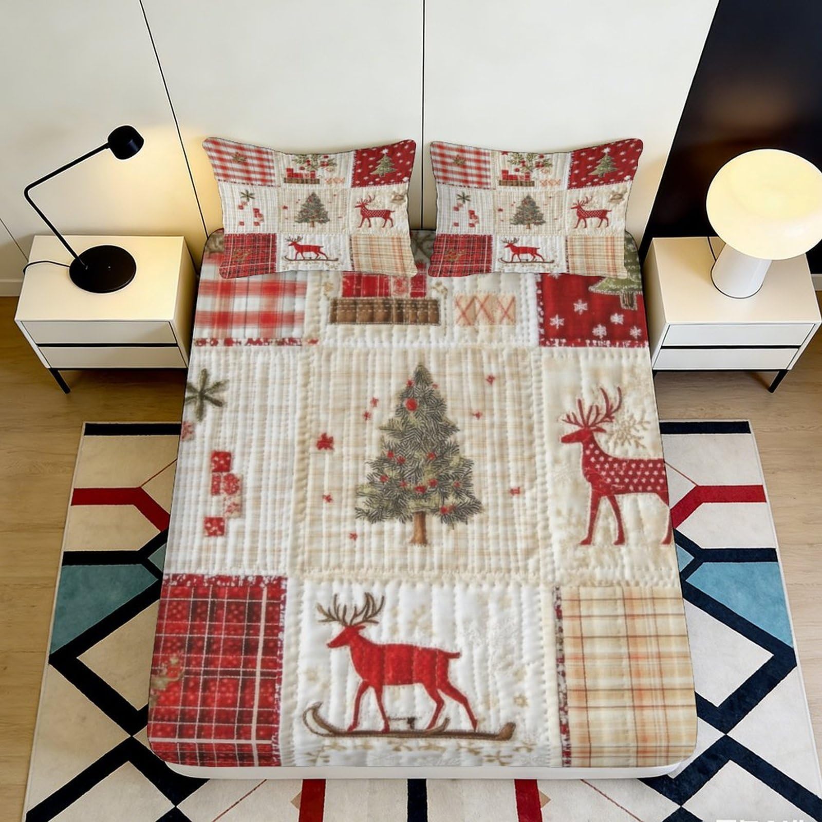 3D Printed Christmas Tree Fitted Sheet Microfiber Soft Breathable Reindeer Bed Cover for Bedroom Dormitory Guest Room Mattress Protection Decor 180x200x25cm