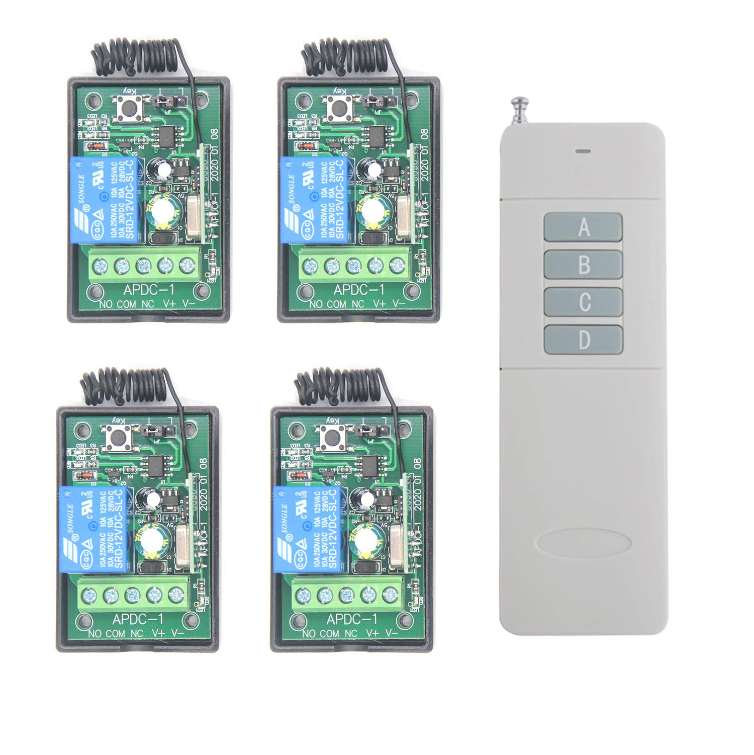 Sistema de control remoto de 4 canales CC, 12 V, 24 V, 4 botones, transmisor y 4 receptores para luz de motor, bomba de 433 MHz, interruptor de relé no COM NC