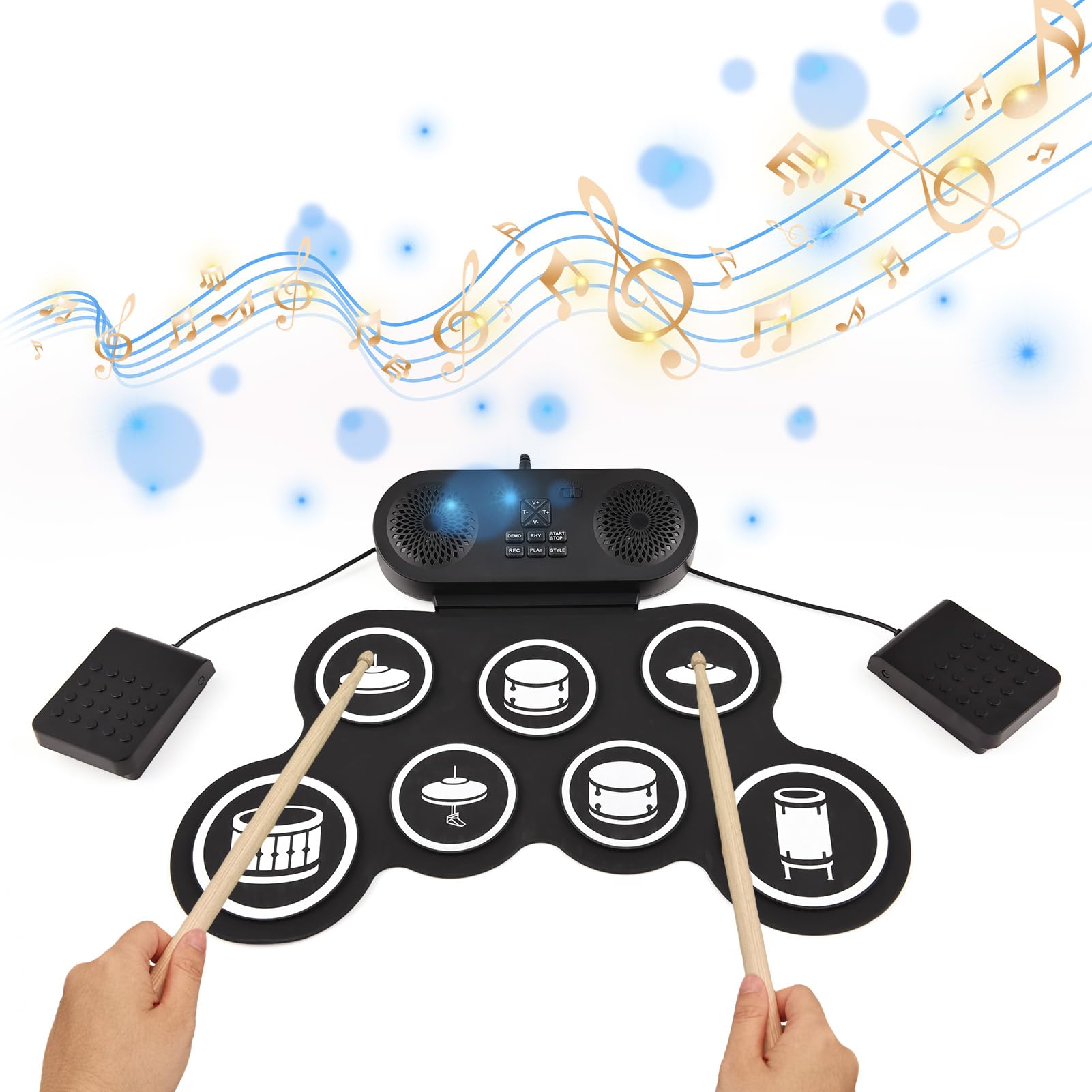 Tambor electrónico Pad Set, Hand Roll Drum Set 7 Pads con Doble Altavoz 7 Estilos de Batería 6 Ritmos 10 Canciones de Demostración, Portátil de Práctica Pad Drum Kit con Baquetas