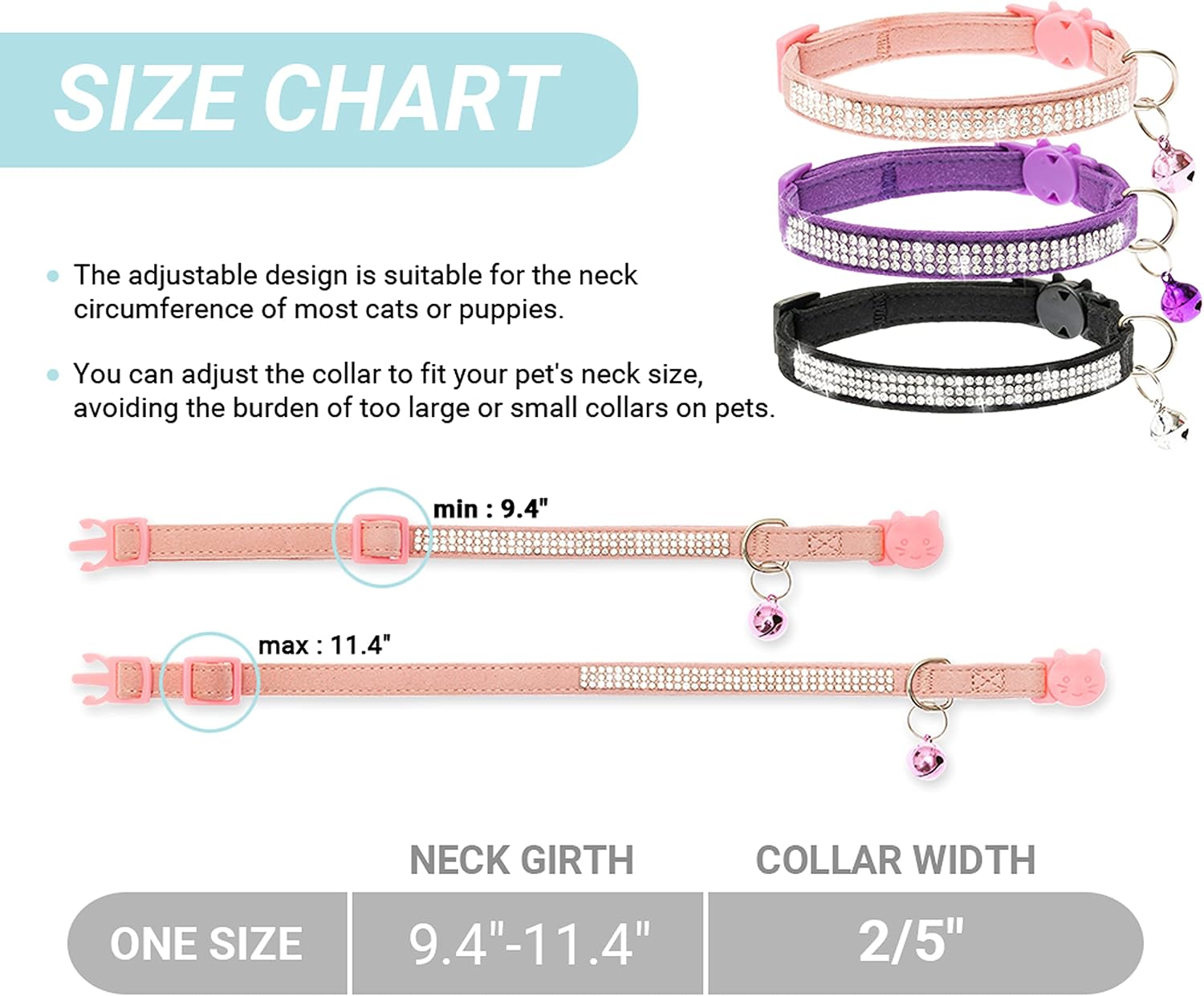 FLYSTAR Cat Collar Breakaway with Bell - Cute Cat Collar for Boy Girl Cats - Rhinestones Bling Adjustable Soft Velvet Pet Collars for SML Cats, Puppy (Pink, Purple, Black)