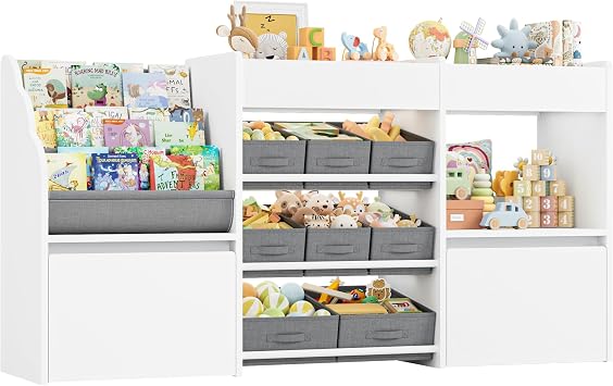 HOCSOK Toy Storage Unit, 3-Tier Kids Bookshelf, Toy Organiser with 8 Fabric Bins, 3 Open Shelves, 2 Wheeled Drawers, Kids Storage Units for Nursery, Playroom, Bedroom, White 158x80x29.7cm