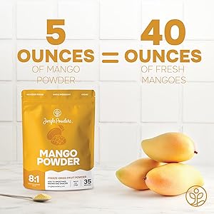 Jungle Powders Freeze Dried Mango Powder 5 Ounce Bag Dehydrated Mango Extract For Baking No Sugar Added Dry Mango Powder Additive Free Mangoes Whole Fruit Dried Mango Juice for Smoothies & Flavoring