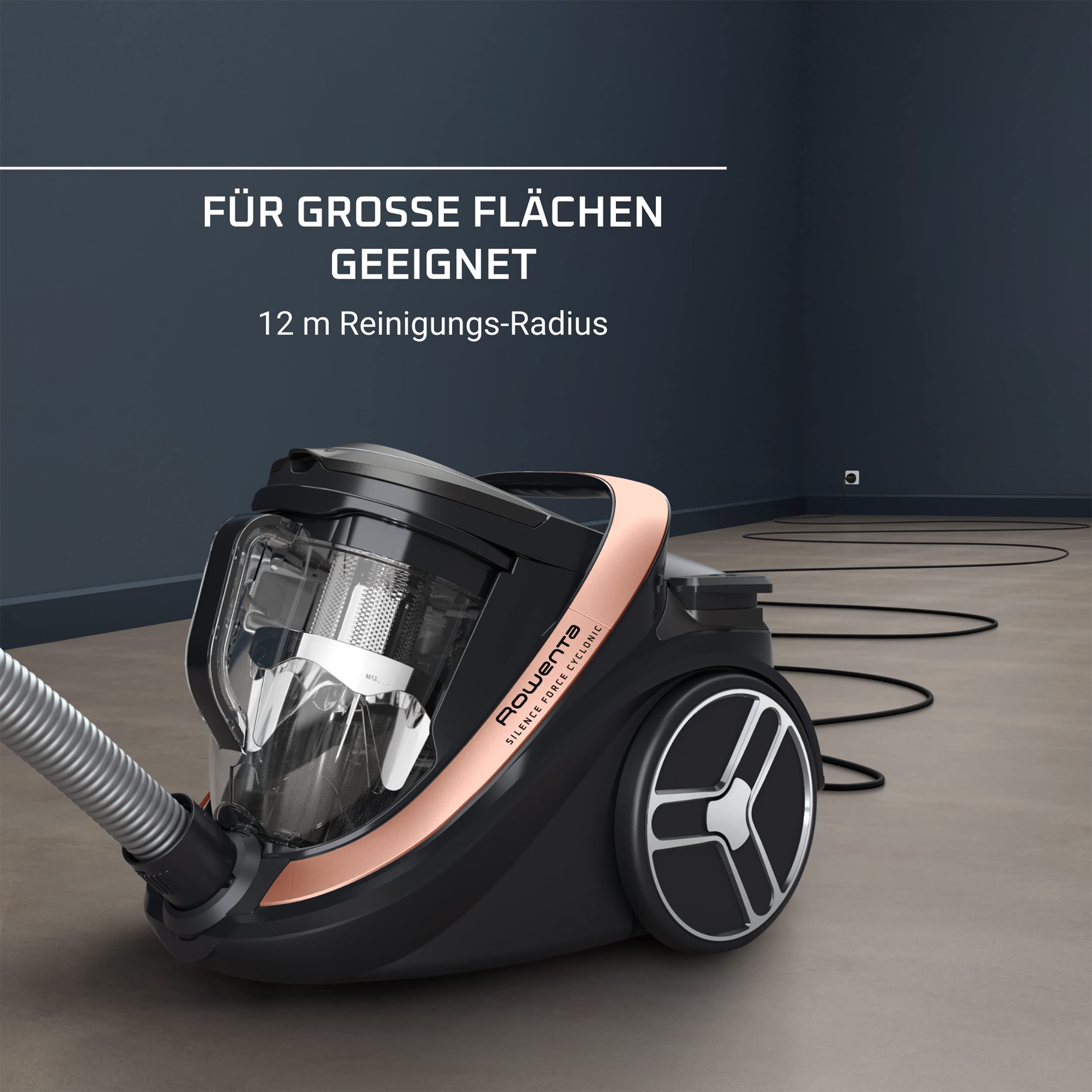 Rowenta Silence Force Cyclonic Effitech beutelloser Bodenstaubsauger, Home und Car, hohe Saugkraft, niedriger Energieverbrauch, HEPA-Filterung, XXL-Fassungsvermögen, Schwarz-Roségold, RO7954