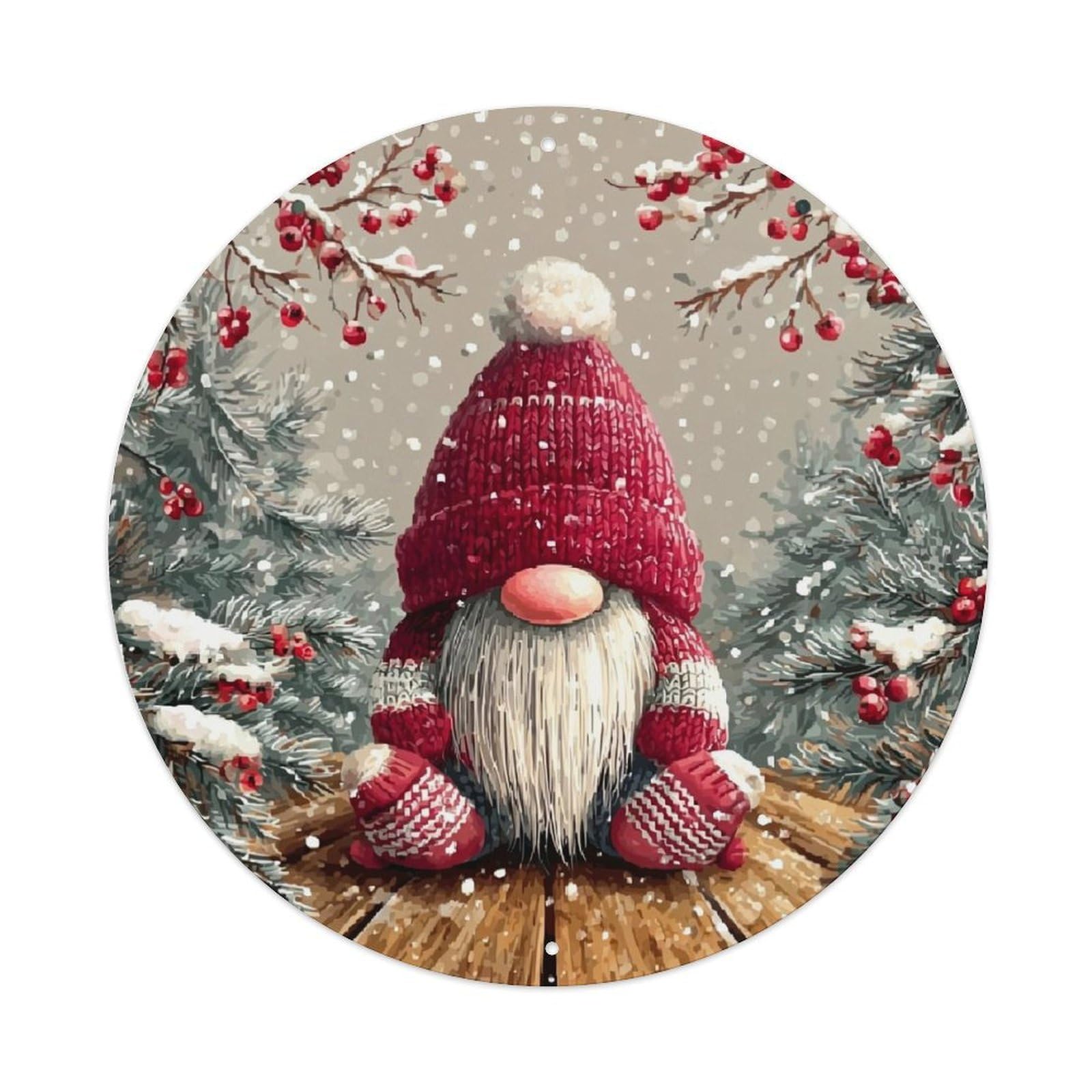 Red Knit Gnome Winter Scene Vintage Metal Tin Sign Retro Wall Decor for Home Bar Garage Cafe, Indoor & Outdoor Decorative，circle Metal Poster, 8x8 Inch