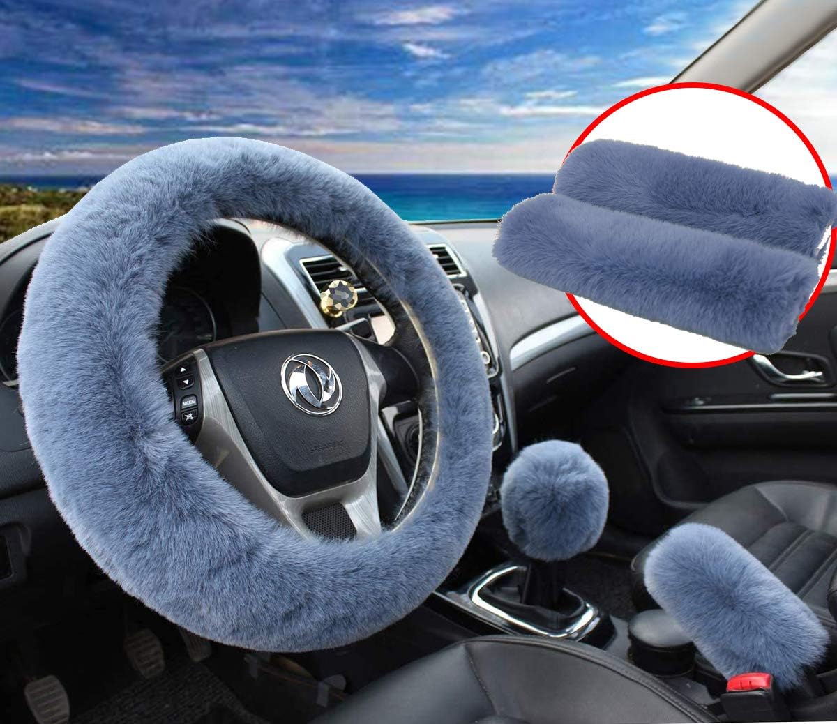 Pinbola5pcs in 1 Set Faux Wool Steering Wheel Cover Soft Fluffy Handbrake Cover & Gear Shift Cover & 2pcs Seat Belt Shoulder Pads Warm Universal Fit for 15 Inch (Gray)