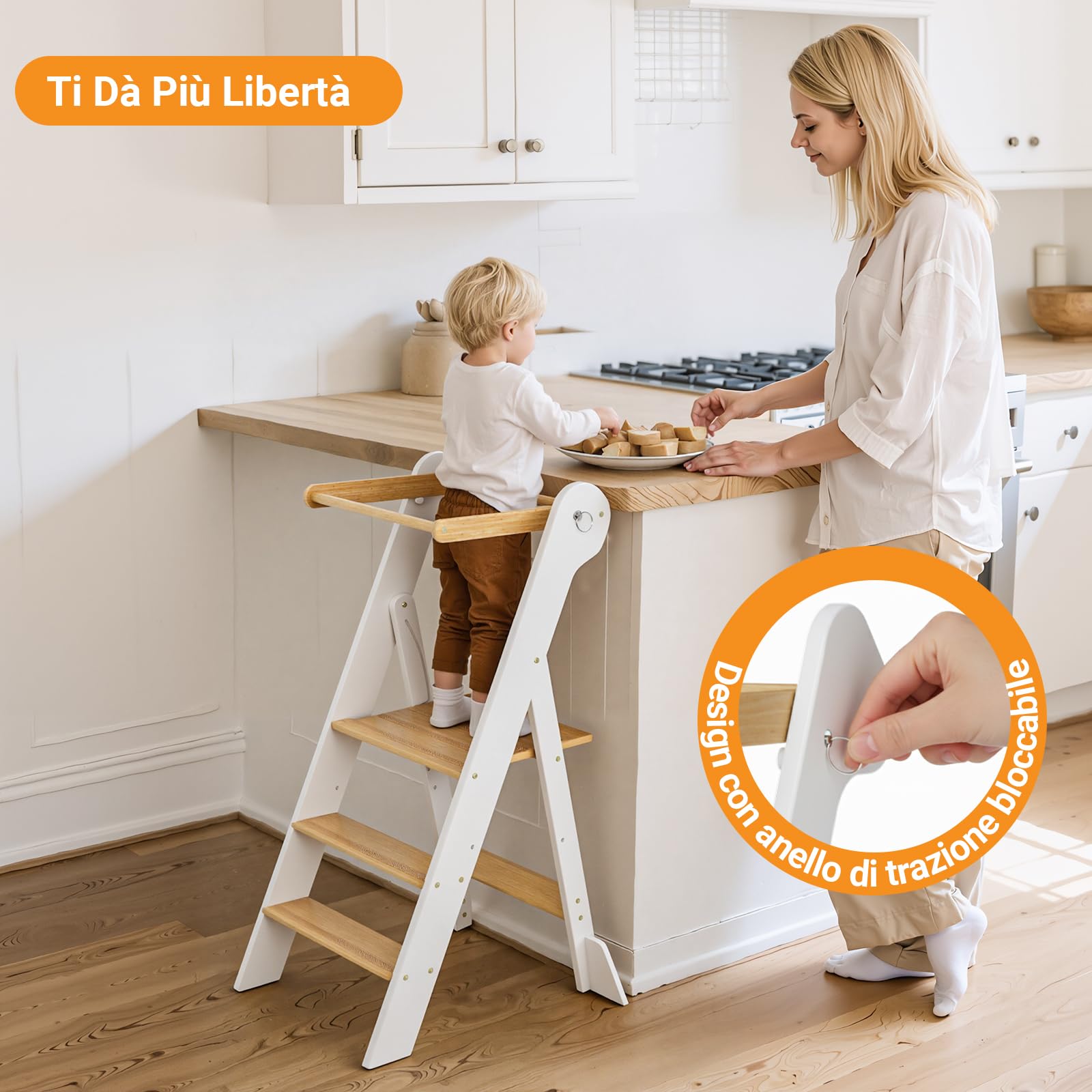 COSYLAND Torre Montessoriana Pieghevole per Bambini – Torre Montessoriana Bambini Regolabile in Altezza, Premontata al 95%, Design Salvaspazio, Ideale per Cucina o Bagno (Bianco e Naturale)