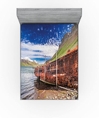 Miniatura 2 de Lunarable Shipwreck Fitted Sheet Set, Rusty Ship Wreck in Iceland Near Cliffs Hills Valley Fjord Nordic Arctic Scenery, Bed Cover with All-Round