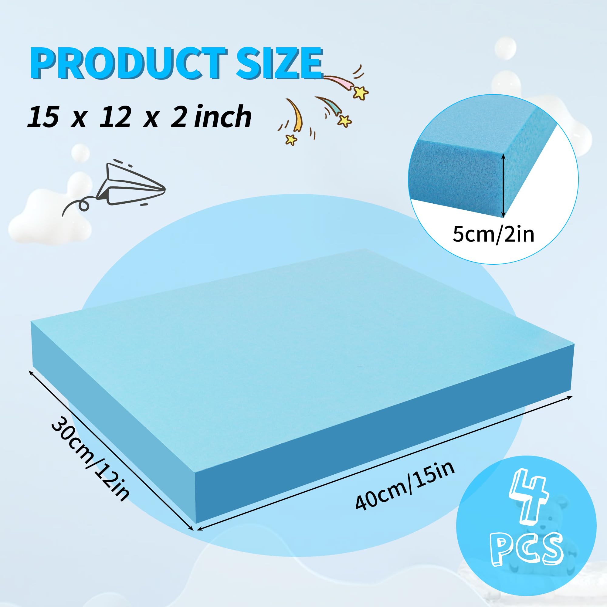 Paquete de 4 hojas de espuma de poliestireno XPS de 15 x 12 x 2 pulgadas de grosor, rectangulares, para aislar, suministros de arte de modelado, color azul, paquete de 4