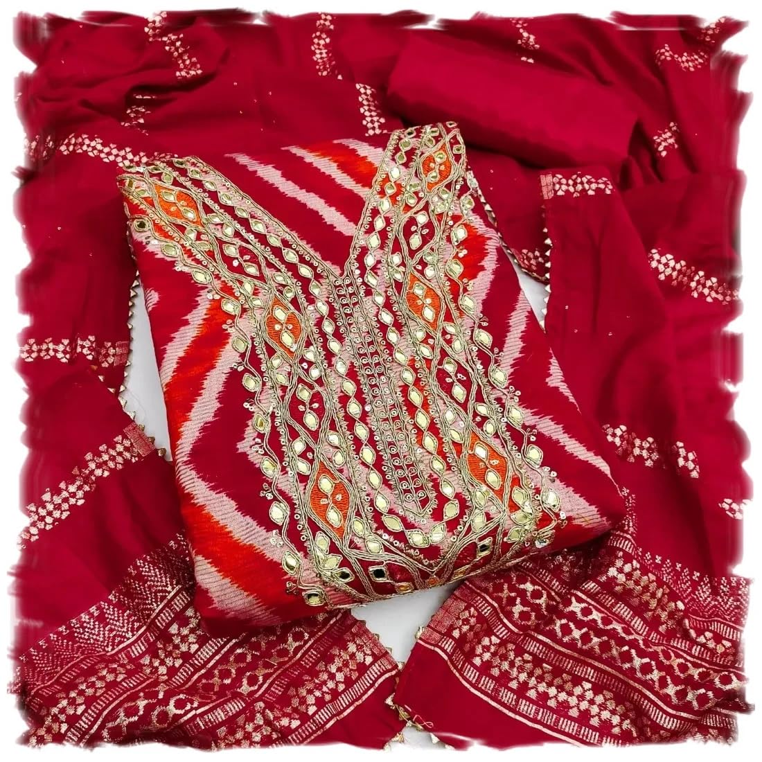 Women's Roman Silk Leheriya Print With Embroidery Work Unstitched Salwar Suit Dress Material-image-32