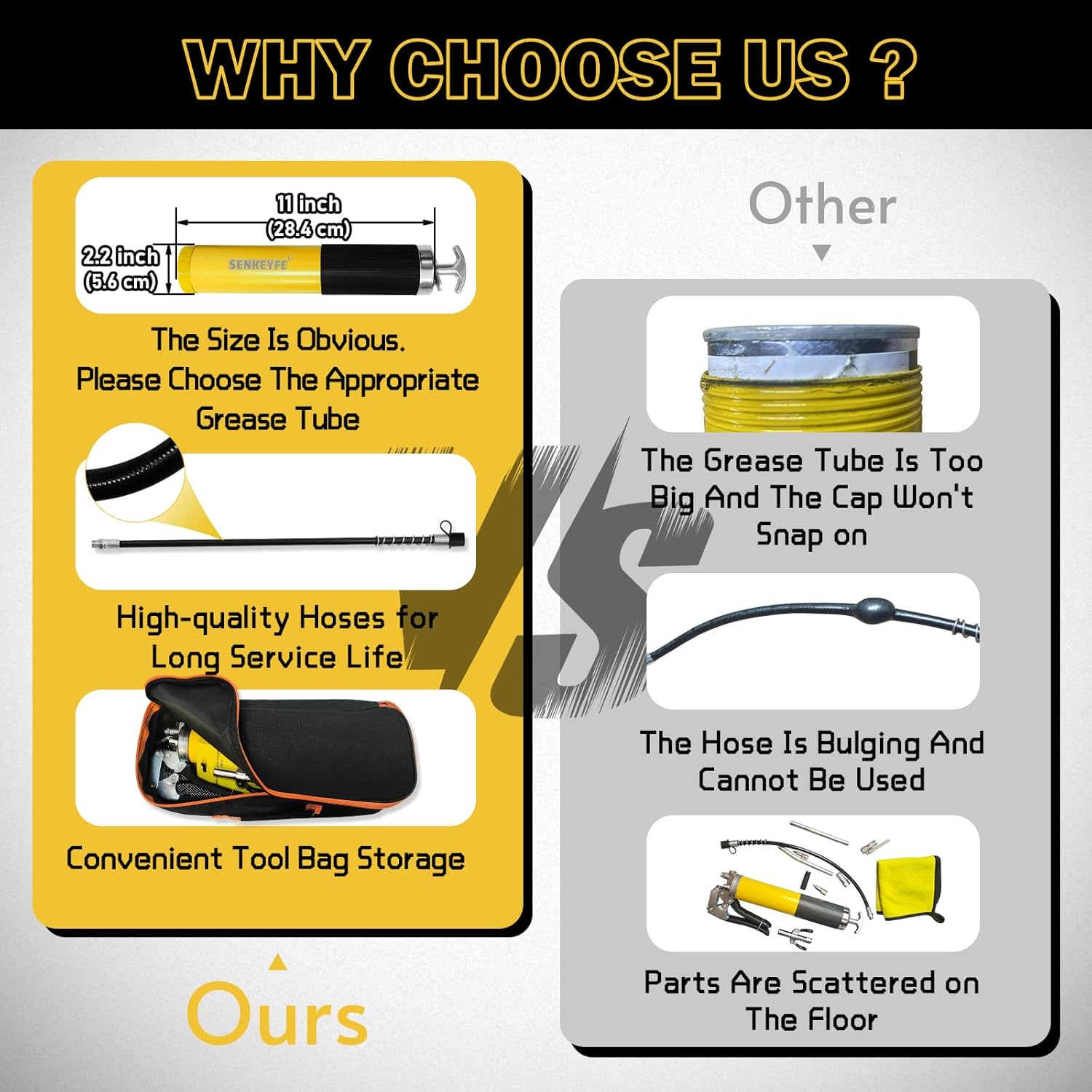 14oz Capacity Versatile Grease Gun Kit,7000 PSI Leak-Proof Spray Grease Gun,18" Spring Hose,Double Handle Nozzle,Coupler,Teflon Tape and Other Accessories,Auto,Marine,Industry,15 Pcs Yellow