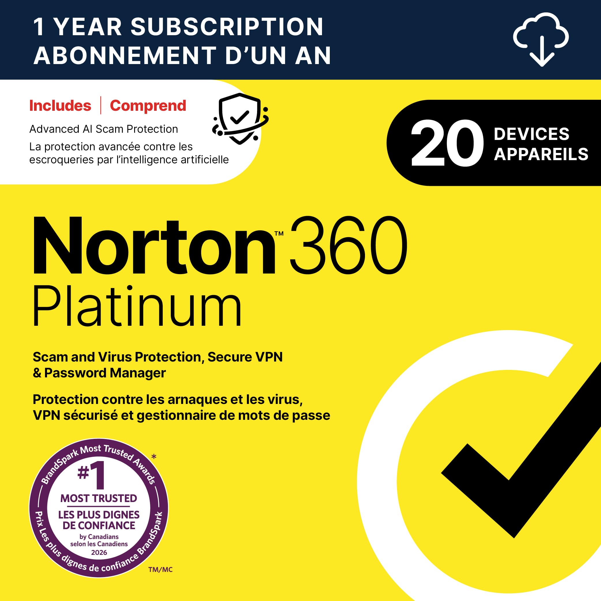 Norton 360 Platinum 2026  Antivirus software for 20 Devices – Includes Advanced AI Scam Protection  VPN  Dark Web Monitoring & PC Cloud Backup [Download]