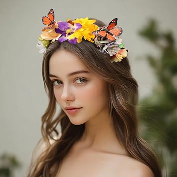 Elegant Butterfly Flower Headband for Women Boho Handmade Rose Floral Crown Wedding Bridal Festivals Cosplay Prom Photo Props Headpiece C2 yellow, Adjustable