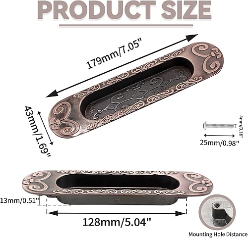 Miniatura 2 de Manija de puerta corredera de 7 pulgadas, mango empotrado de aleación de zinc para armario de armario, armario de armario, bronce rojo, 1 unidad