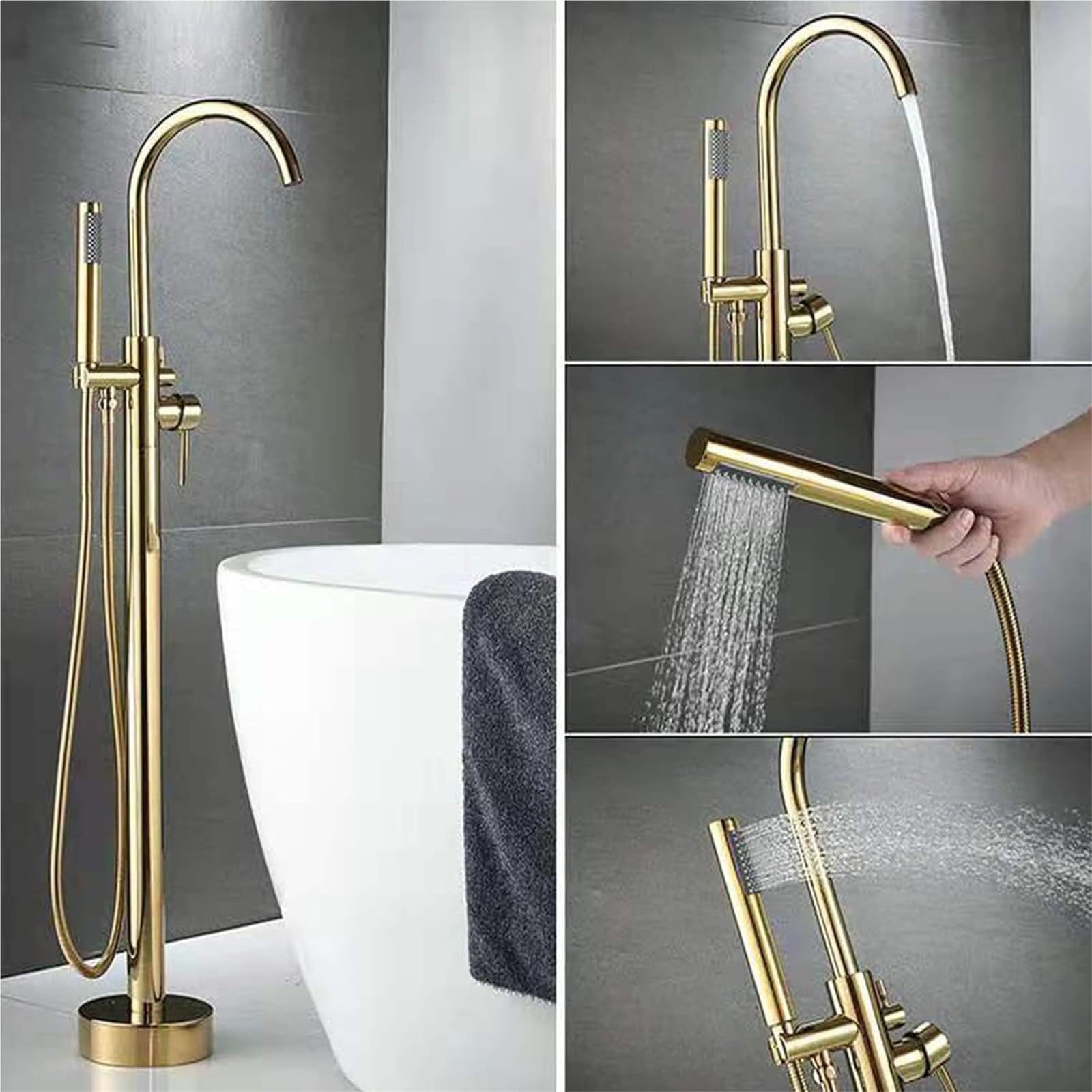 ry Rubinetto per vasca da bagno in ottone spazzolato, 2 modalità di montaggio a pavimento, con beccuccio girevole a 360° e doccetta per bagni moderni, facile da installare