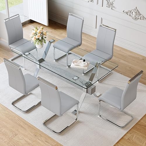 Miniatura 29 de Juego de mesa de comedor de cristal de 71 pulgadas para 6 personas | Juego de mesa de comedor moderno para 6 con sillas de piel sintética | Mesa de