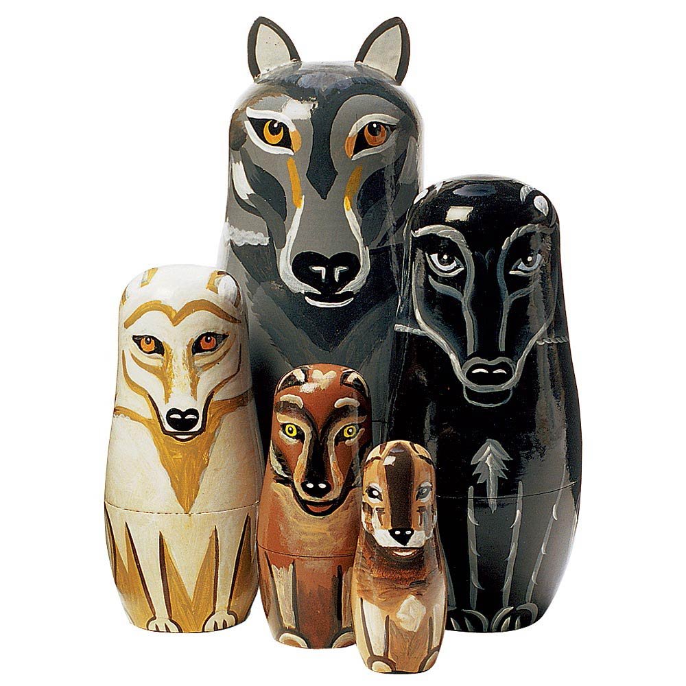 Bits and Pieces - "Wynter & His Pack Wolf Pack - Matryoshka Dolls - Wooden Russian Nesting Dolls - Wolf - Animal Figurines - Stacking Doll Set of 5