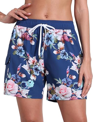 Nonwe - Pantalones cortos de baño para mujer, con forro de malla, de secado rápido, color liso, ideales para playa y verano
