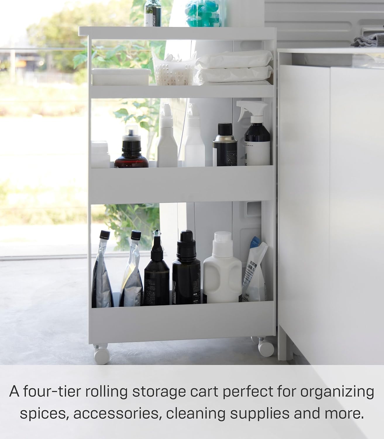YAMAZAKI Home Tower Slim 4-Tier Rolling Storage Cart – Mobile Organizer for Kitchen Or Bathroom, 31.7" - Steel -