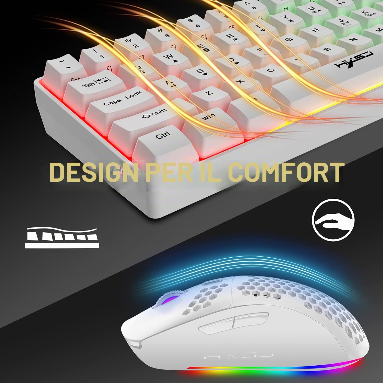 Ricaricabile Bluetooth 5.0 Wireless/2.4G USB Wired Dual-mode RGB LED Retroilluminazione Effetti Tastiera da gioco compatta 61 tasti Anti-ghosting Tasti Wireless Usb Gaming Mouse 750mAh Leggero con PC
