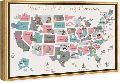 Miniatura 2 de The Oliver Gal Artist Co. Mapas y banderas - Lienzo enmarcado para pared, diseño de mapa pastel divertido, mapas de países americanos, 15 x 10