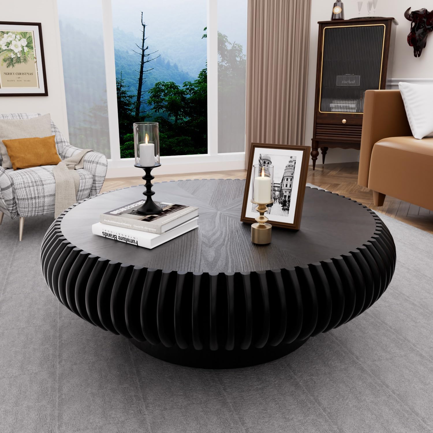 39.3" Drum Coffee Table Modern Unique Fluted Tea Table Contemporary Wood Round Coffee Table with Fluted Centry Table for Living Room Walnut (39.3" Black)