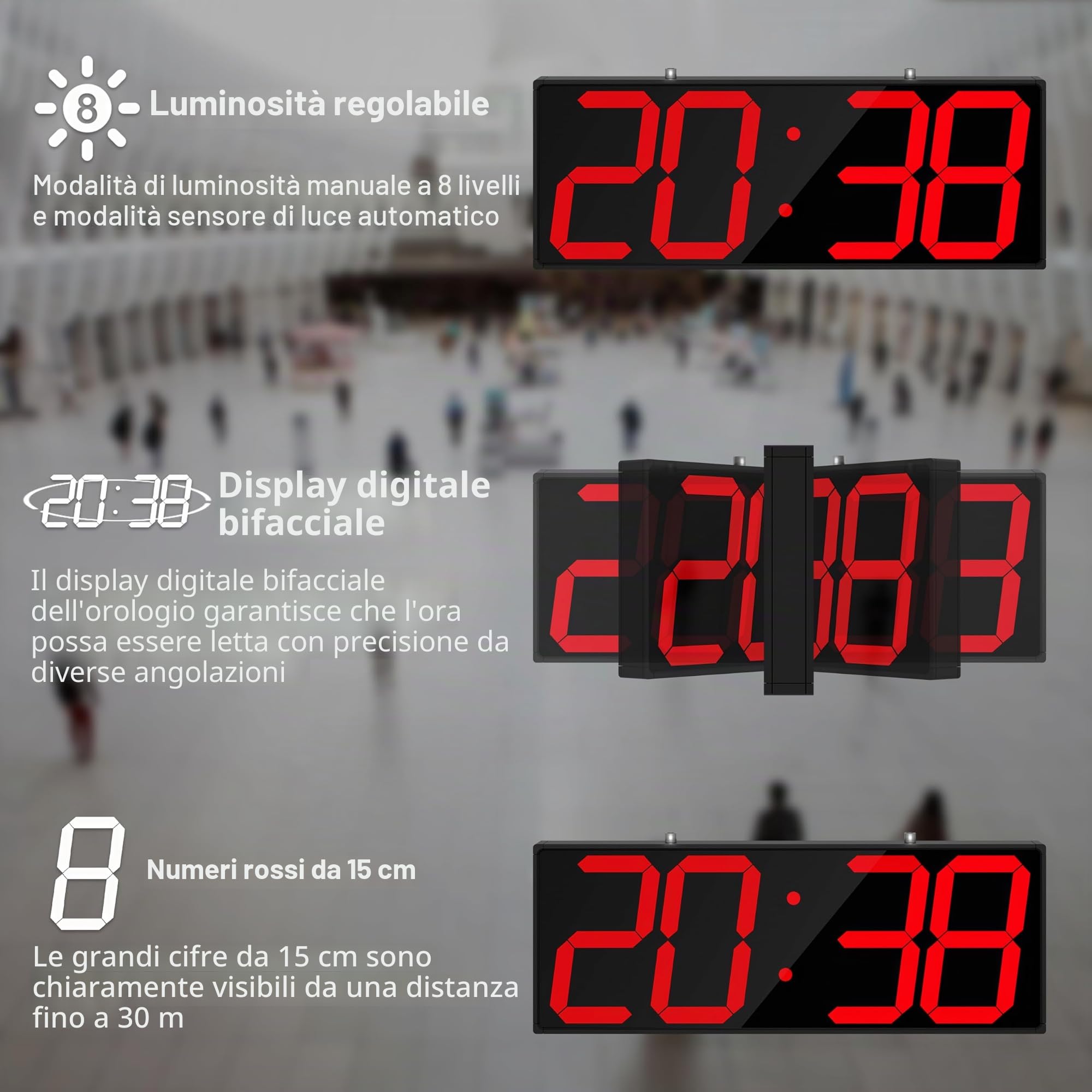 CHKOSDA Orologio da parete digitale con display su entrambi i lati, ampio display con timer, temperatura, sveglia e data, orologio da parete con numeri chiari e chiari (rosso)