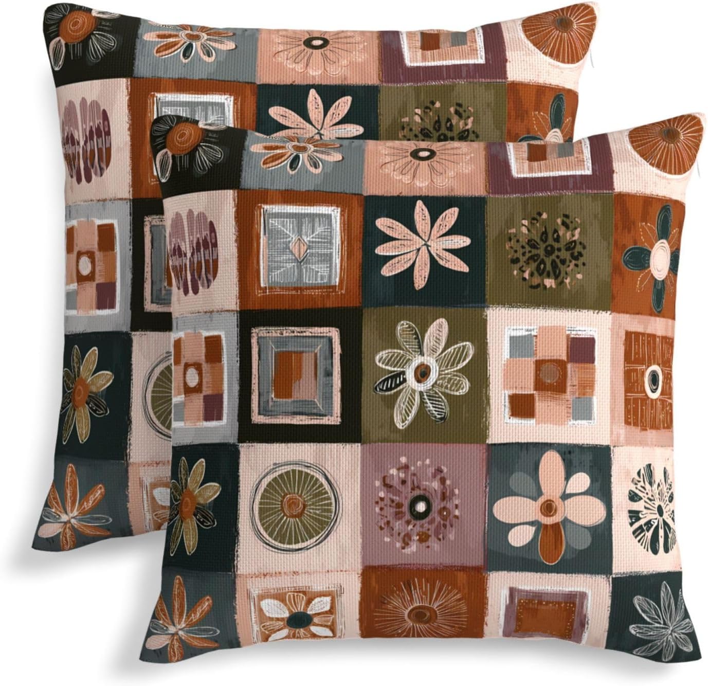Retro Boho Abstract Art Geometry Floral Decorative Pillow Covers 20x20 Inch Set of 2 Rustic Boho Flower Outdoor Throw Pillows Neutral Farmhouse Decoration Cushion Cases for Sofa Couch Bed Decor